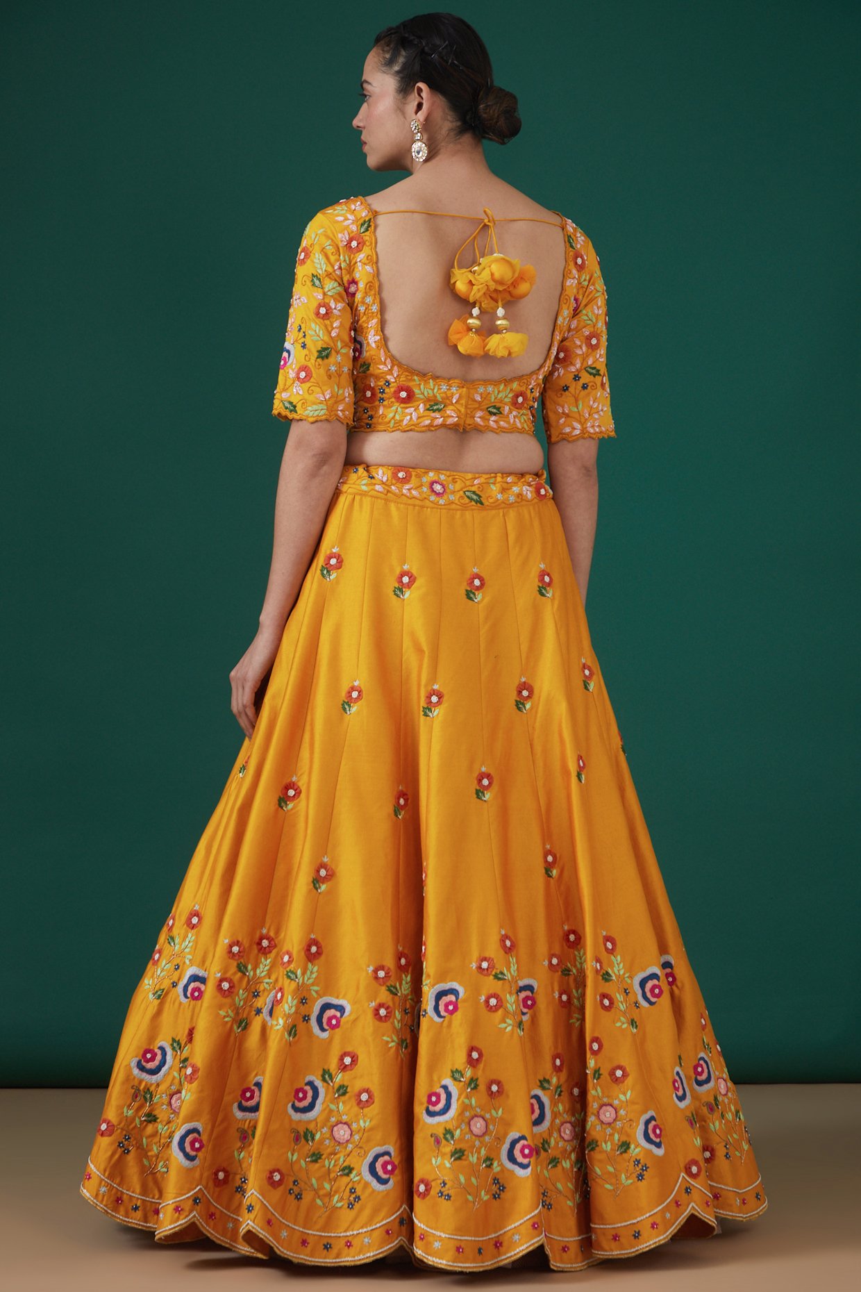 Perfect colour yellow and green lehenga with floral 3d work .. For summer  mehendi function | Half saree lehenga, Wedding lehenga designs, Haldi  outfits