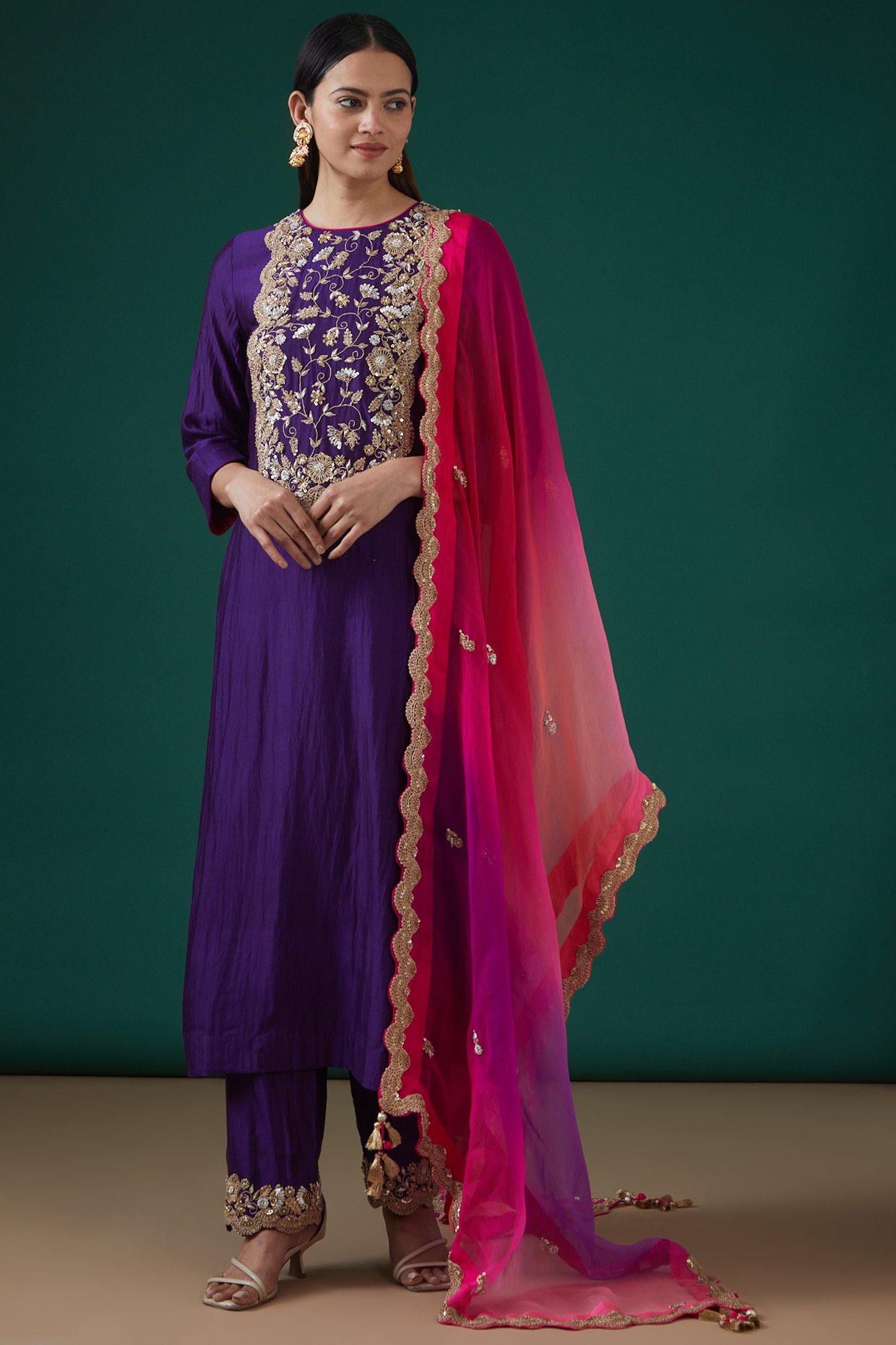 Buy Deep Purple Palazzo Suit In Silk With Brocade Floral Buttis And Matching  Pink Brocade Dupatta Online - Kalki Fashion