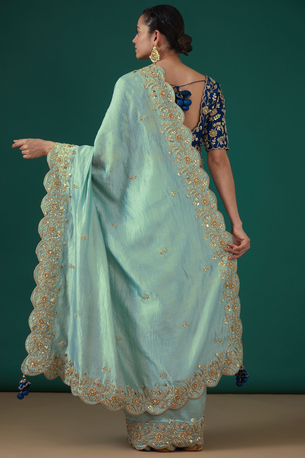 Powder blue saree blouse and shrug