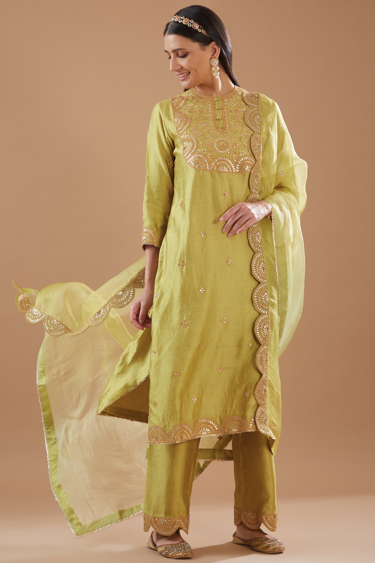 Alluring Thread Sequence Work Parrot Green Palazzo Suit – Sachisabya
