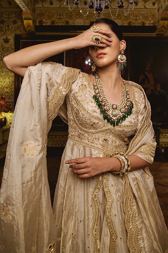 Tissue Fabric Lehenga with Long Metallic Gold Shirt Dress – Nameera by  Farooq