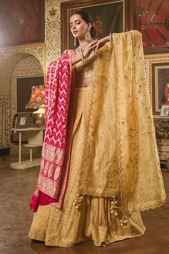 MULTICOLOURED CONTRAST RED LEHENGA SET WITH A GOLD DUPATTA - Seasons India