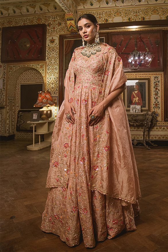 Ethnic Gowns | Peach Colour Beautiful High Low Pakistani Gown With Trouser  and Dupatta | Freeup