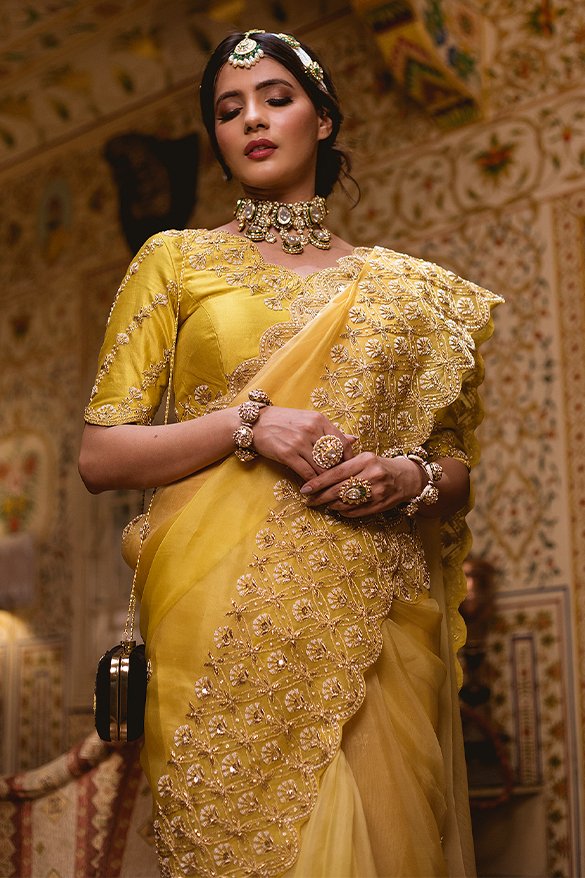 Beautiful Organza Fabric Yellow Color Saree With Embroidered Designer Blouse