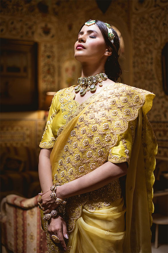 Buy Yellow Saree Crepe Blouse Cotton Silk Embroidery Pre-stitched With For  Women by Paulmi and Harsh Online at Aza Fashions.