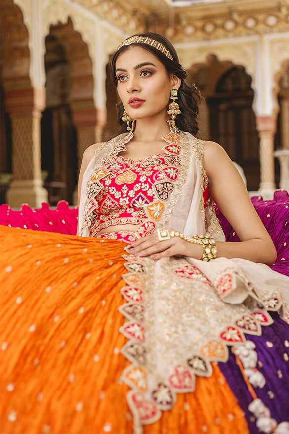 Orange Color Sleeveless Blouse Floral Lehenga With Heavy Embroidered Work