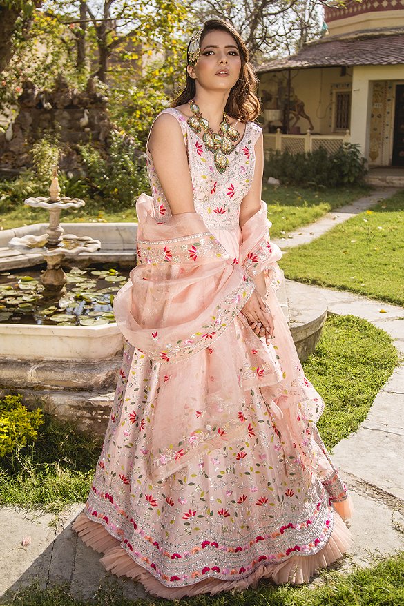 Buy Peach Net Embroidered Cutdana V Neck Gown With Dupatta For Women by  Kalighata Online at Aza Fashions.