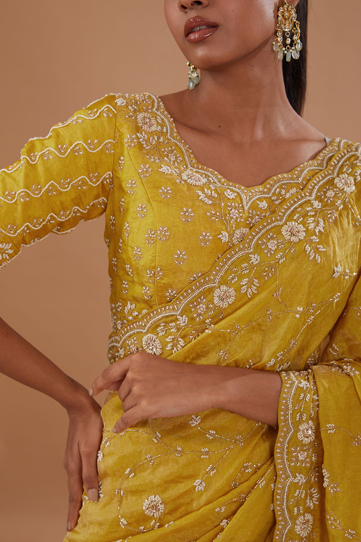 Soft yellow Pearl hotsell Work Saree