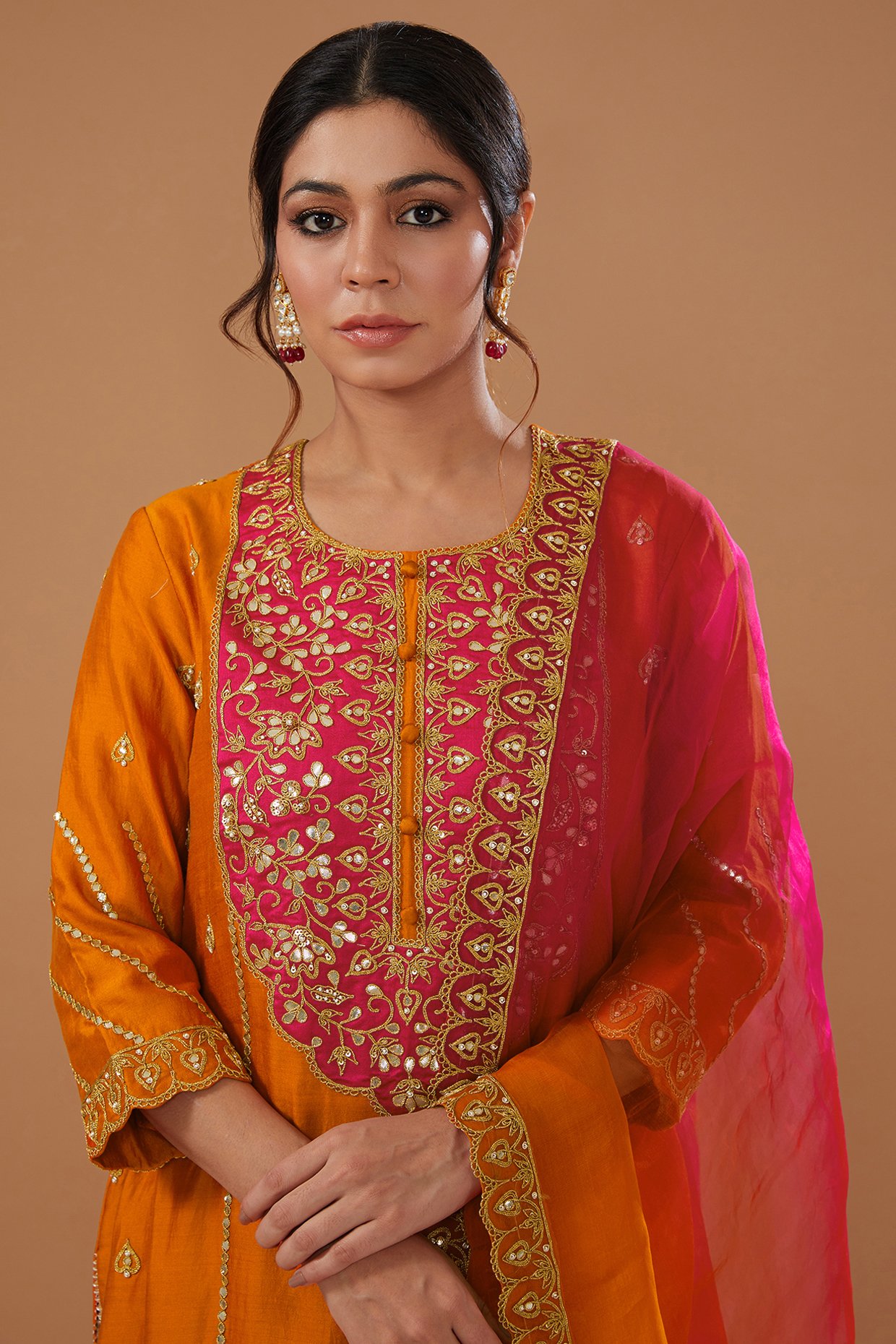 Silkfab Women's Banarasi Silk Orange Gold Solid Kurti Pant Set – SILKFAB