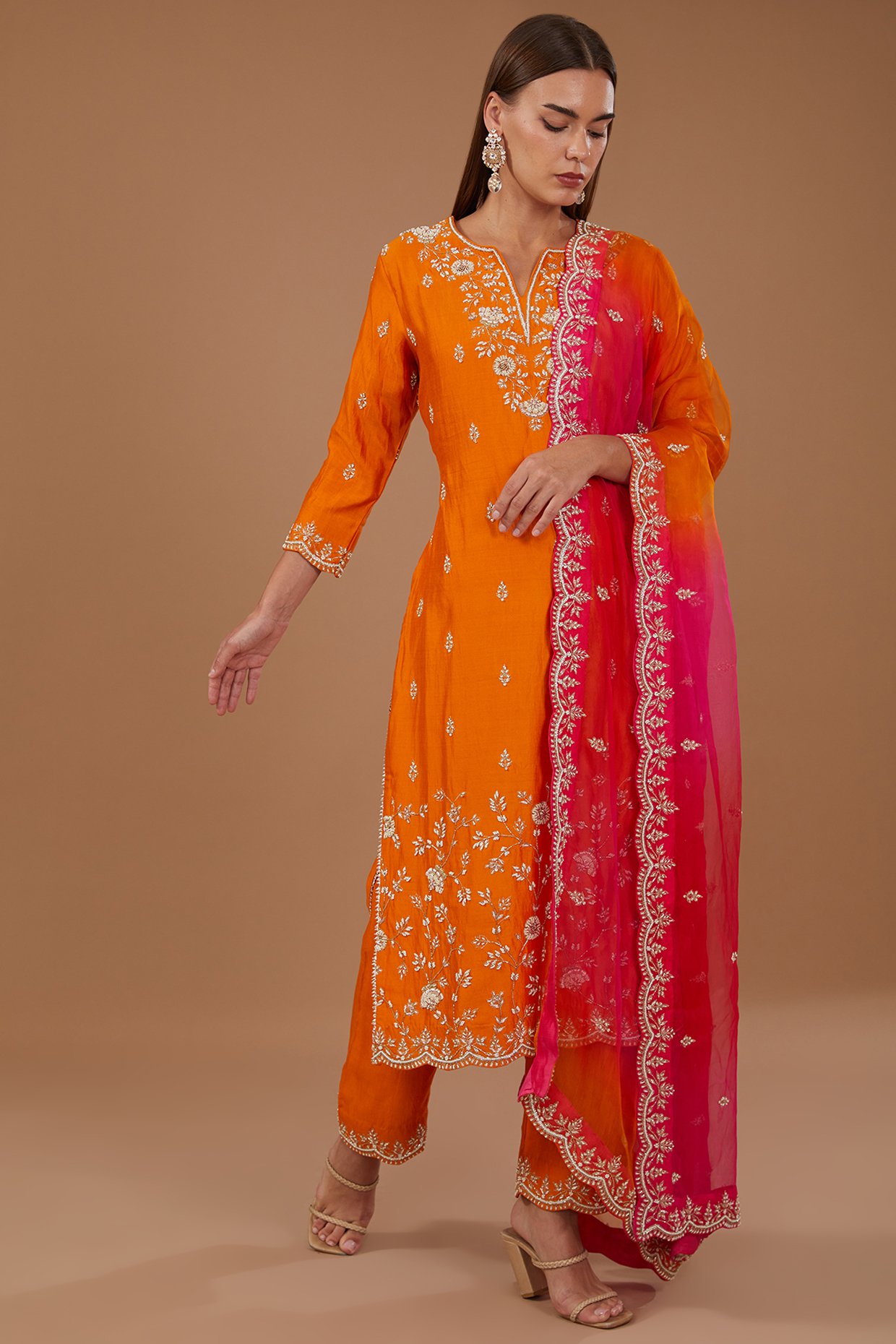 Hand Embroided Orange Silk Kurti With Silk Trousers - SHADES OF FAASHION -  3191143