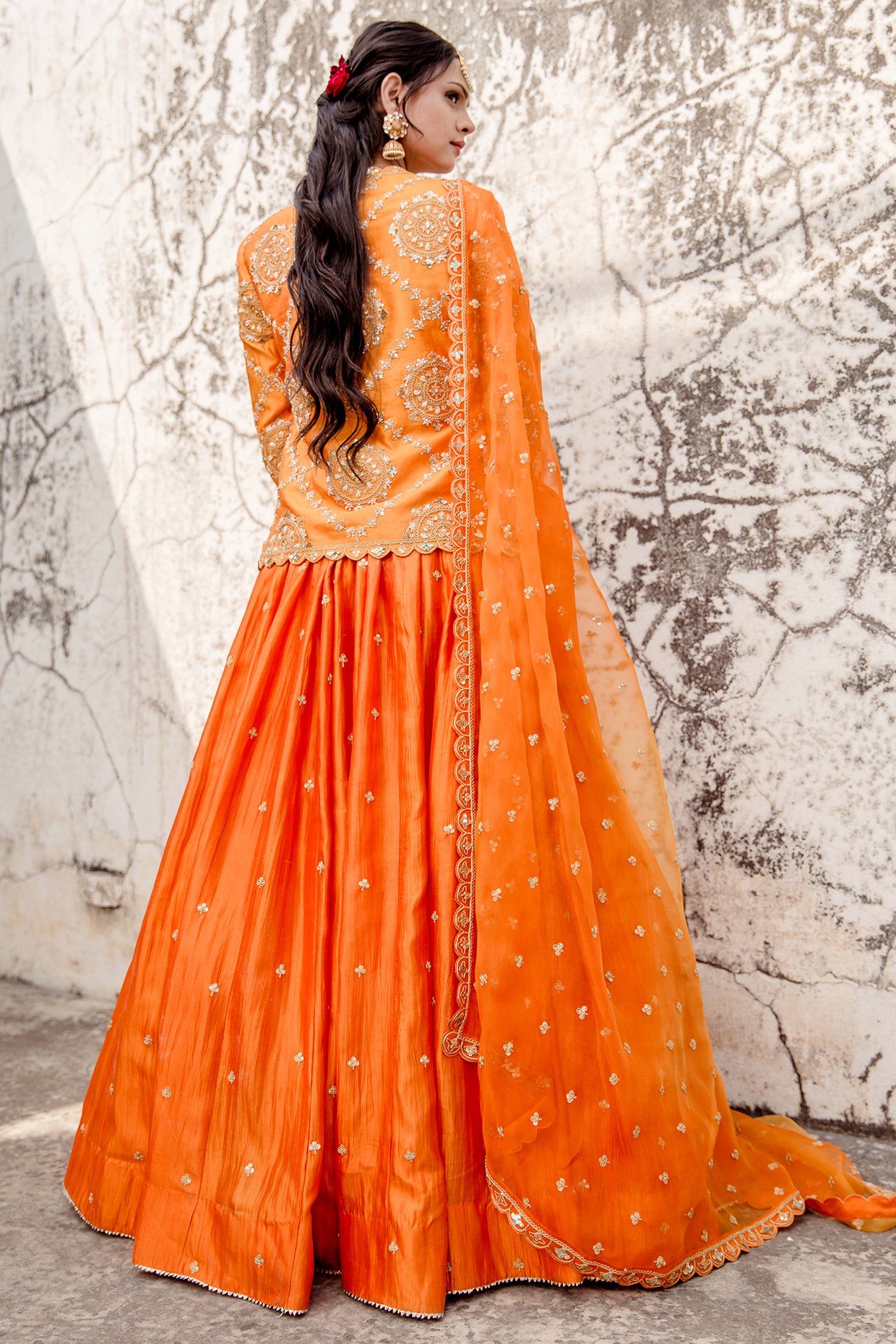 BridalTrunk - Online Indian Multi Designer Fashion Shopping ORANGE  EMBROIDERED TULLE LEHENGA SET