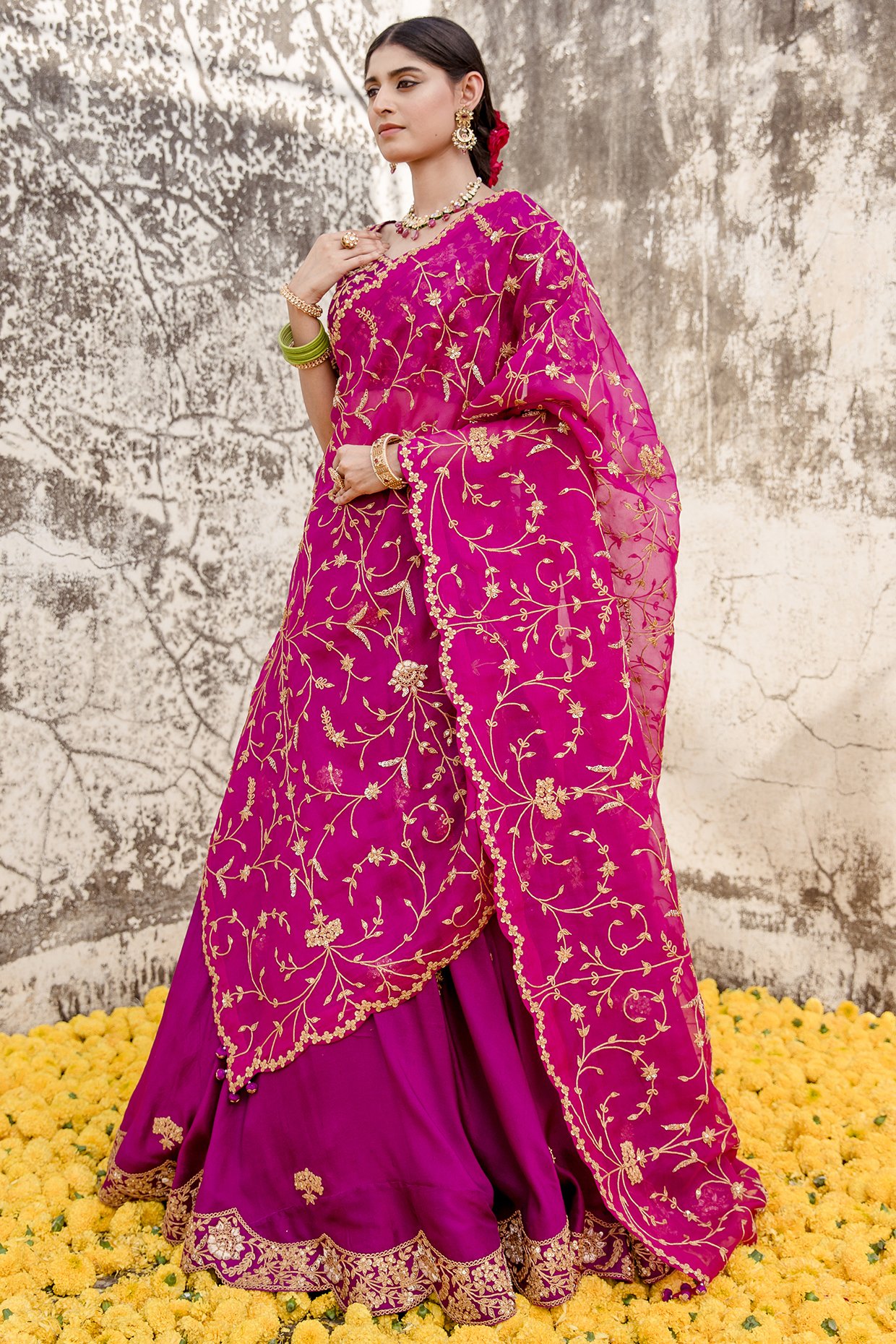 Embroidered Satin Lehenga in Pink and Off White : LPD10