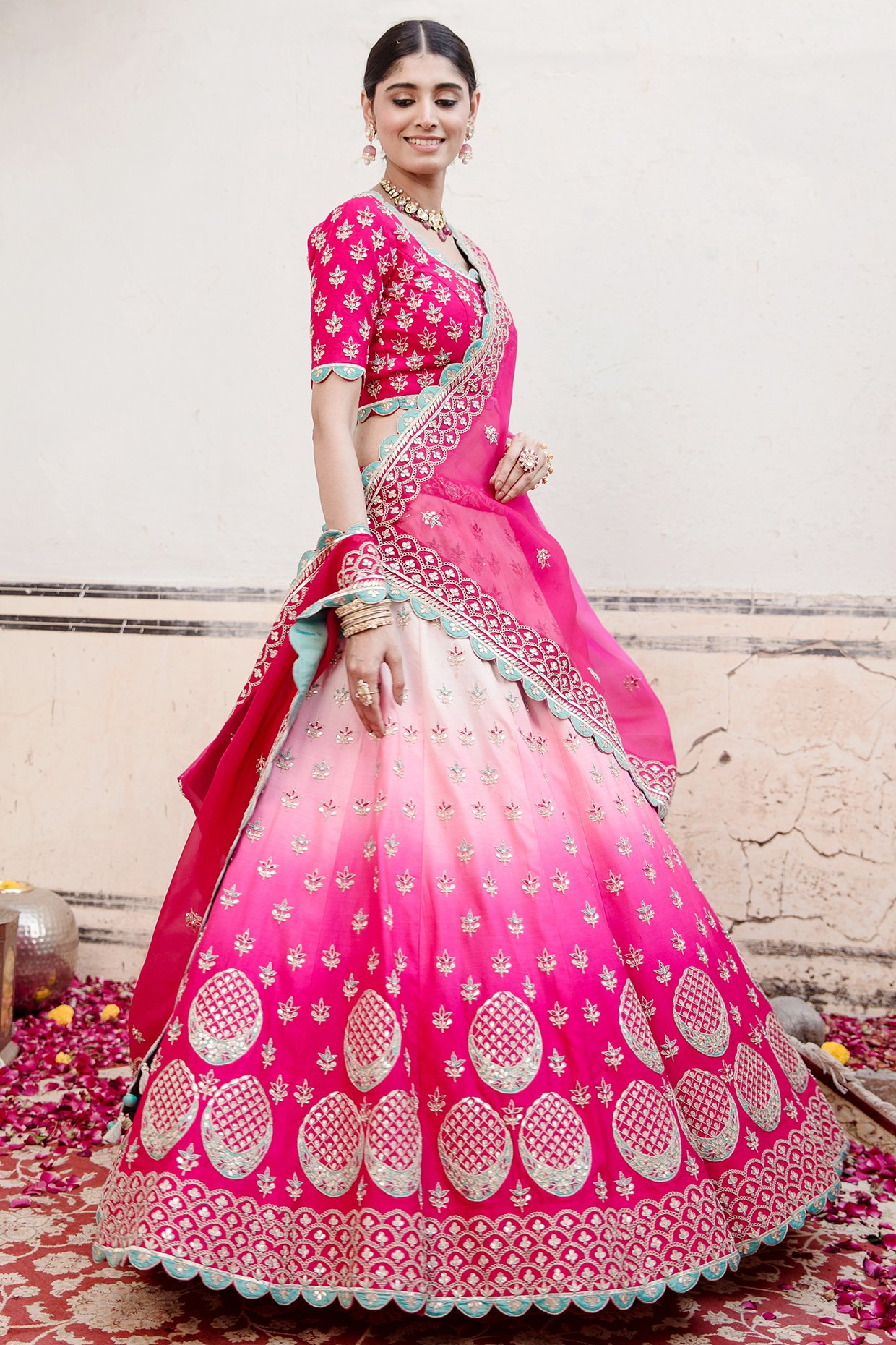 Buy Women Hot Pink Embroidered Tiered Lehenga Set With Contrast Blouse And  Dupatta - Ready To Wear Lehengas - Indya
