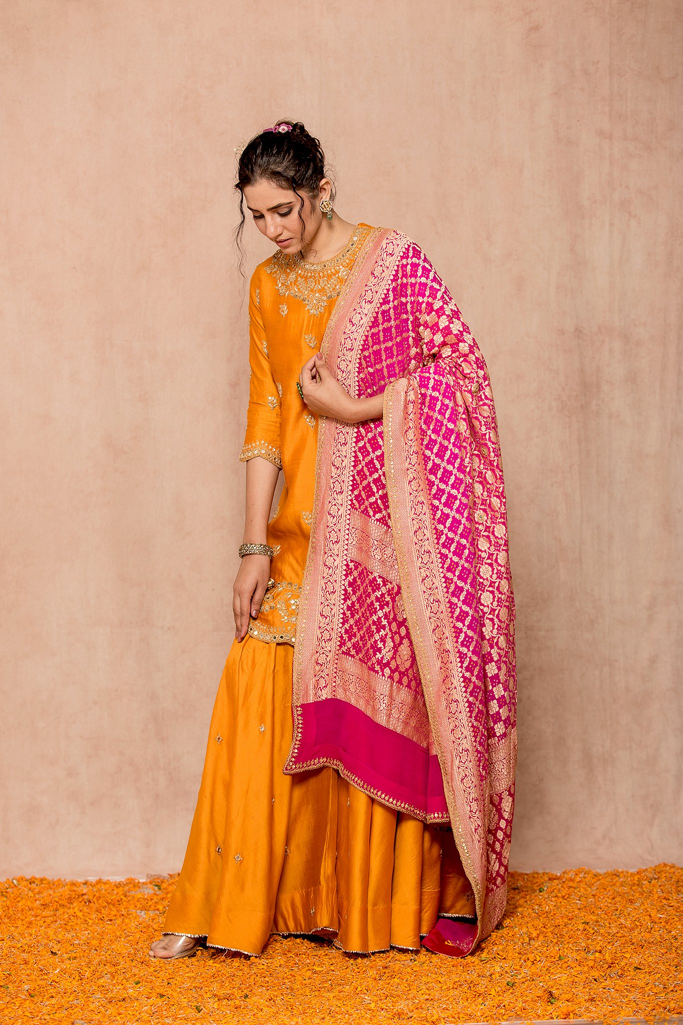 Yellow beads cotton salwar unstitched salwar suit with Banarasi dupatta -  Kimisha - 3039405